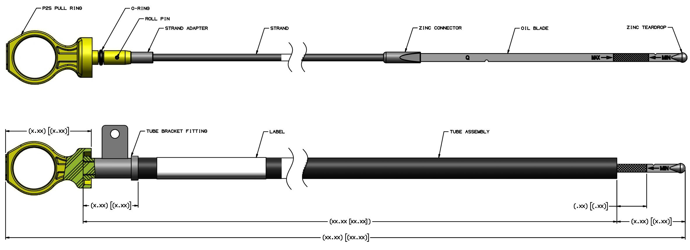 Technical drawing and dimensions for the Push-2-Seal fluid level indicator.