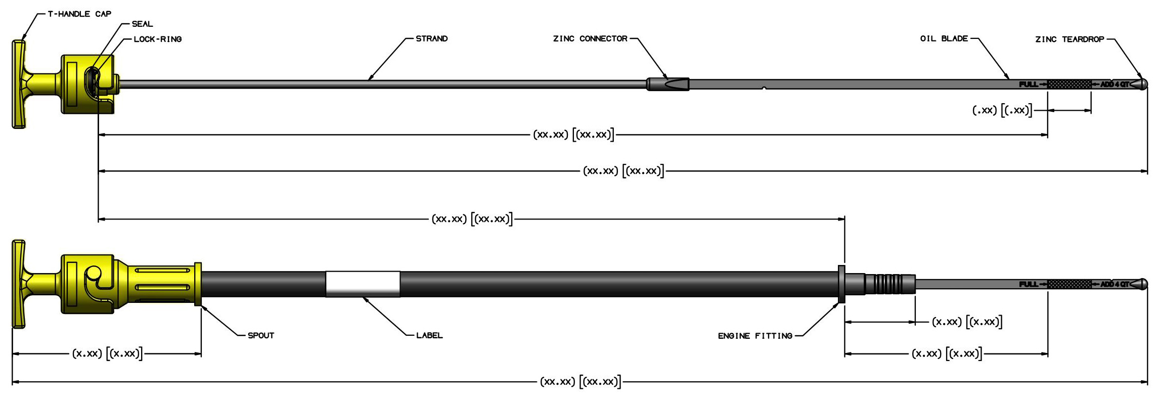 Technical drawing and dimensions for the Twist2Lock F1 fluid level indicator.