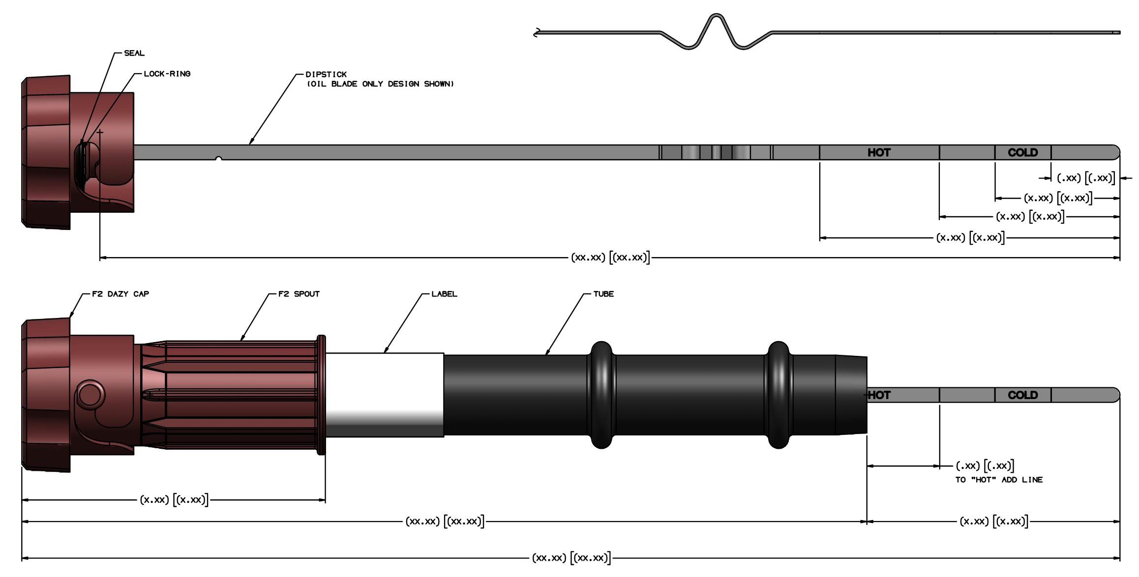 Technical drawing and dimensions for the Twist2Lock F2 fluid level indicator.