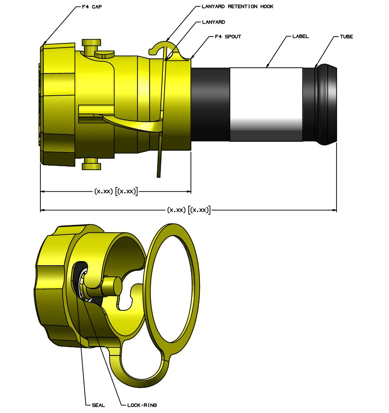 Technical drawing and dimensions for the Twist2Lock F4 fluid level indicator.