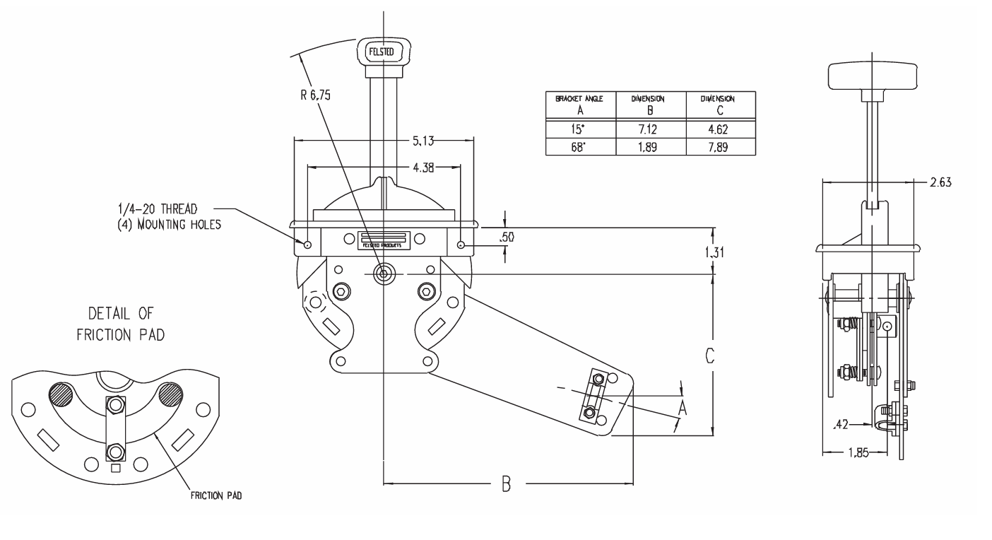 Friction throttle control dimension drawing with friction pad detail and handle view.