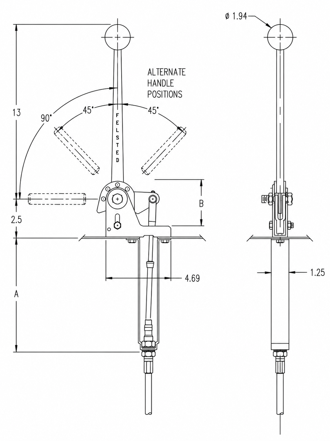 Dimension reference for standard non-push button heavy duty lever.