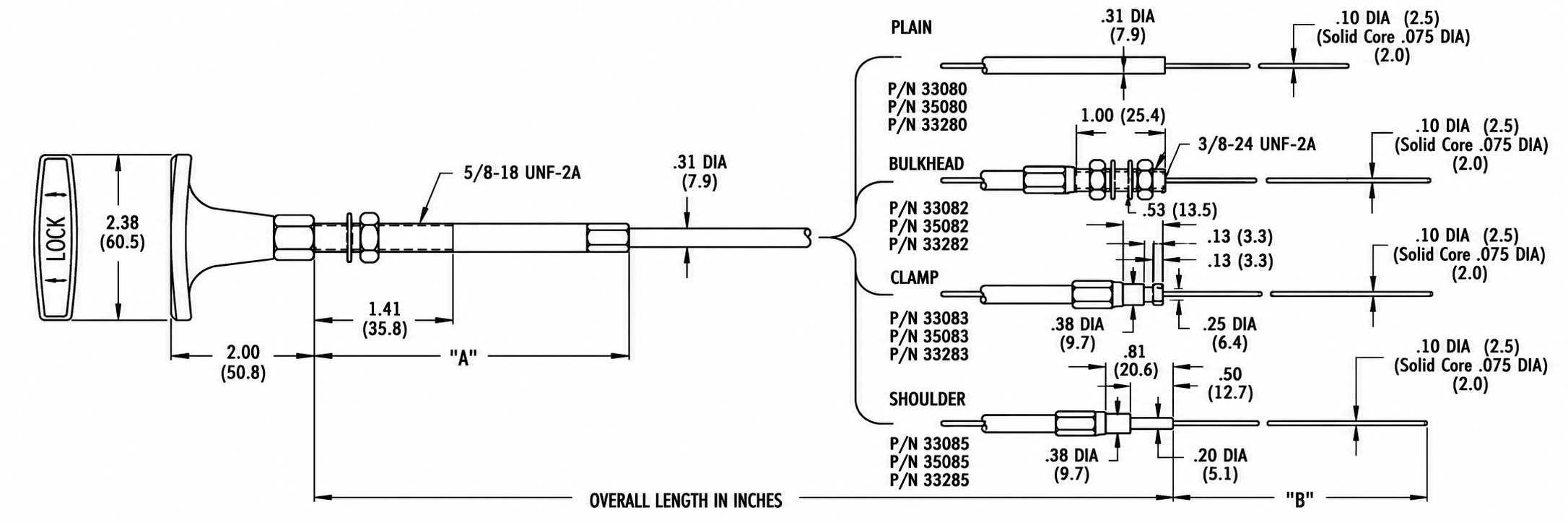 Technical diagram for 3 Series Light Duty Positive Lock Cable.