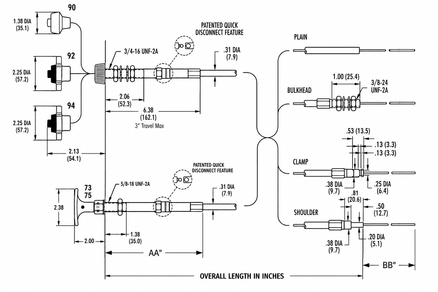 Technical diagram for a 3 Series Light Duty Quick Disconnect cable assembly.
