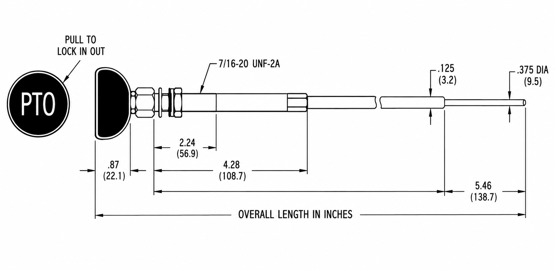 Technical diagram and build-a-part-number chart for PTO cable assemblies.