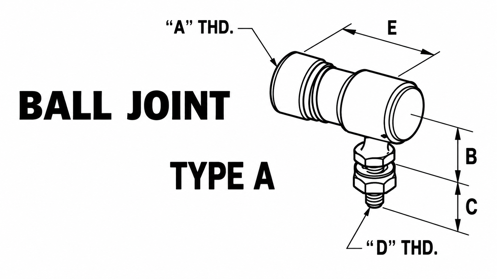 Type A ball joint technical drawing with A thread, B, C, D thread, and E dimensions labeled.