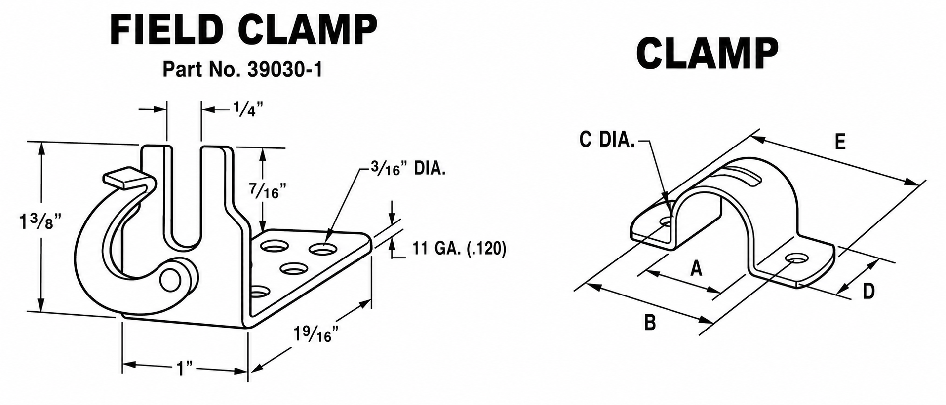 Field clamp and clamp technical drawings with part number and dimensions labeled.
