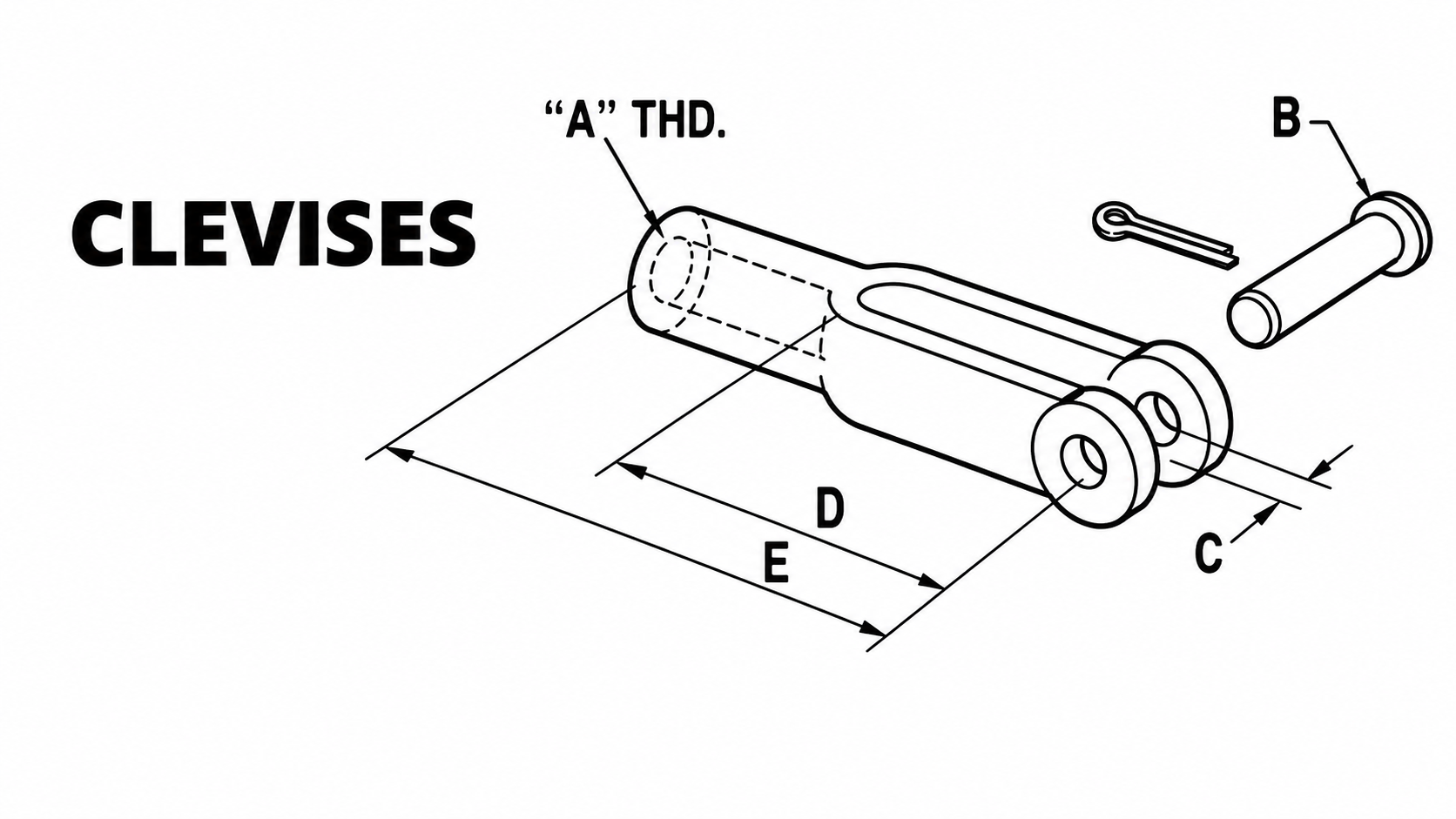 Clevis technical drawing with A thread, B, C, D, and E dimensions labeled.