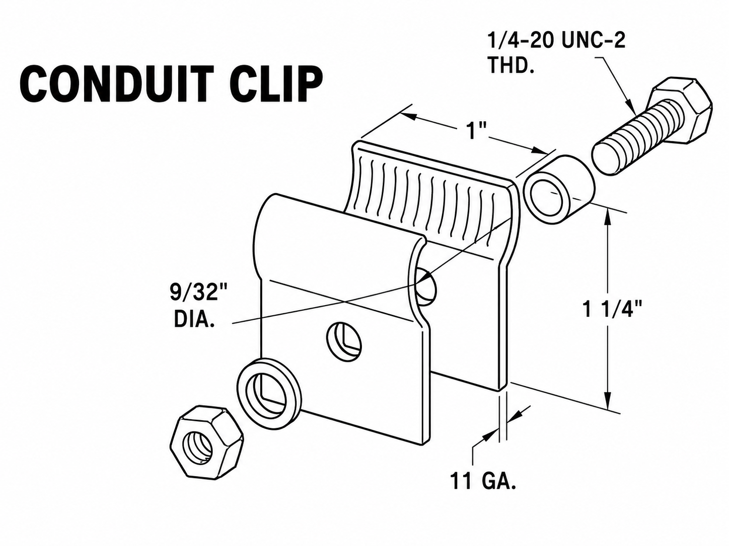 Conduit clip technical drawing with thread, hole, height, gauge, and one-inch dimensions labeled.