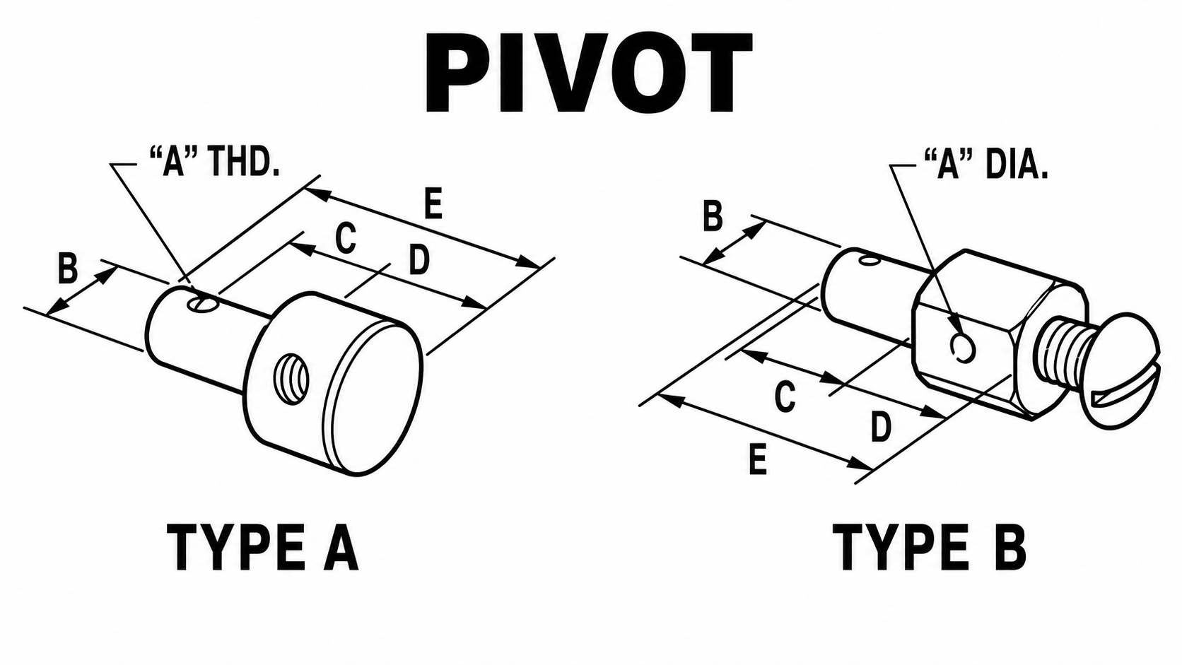 Type A and Type B pivot technical drawings with A, B, C, D, and E dimensions labeled.
