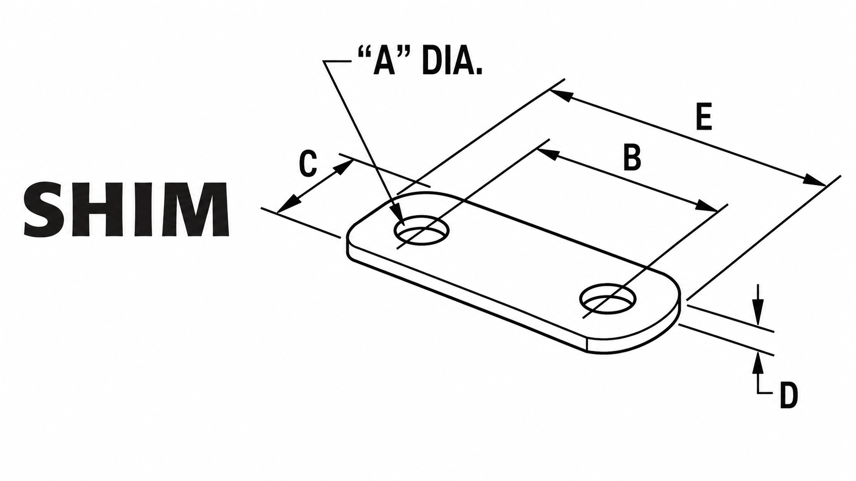 Shim technical drawing with A, B, C, D, and E dimensions labeled.