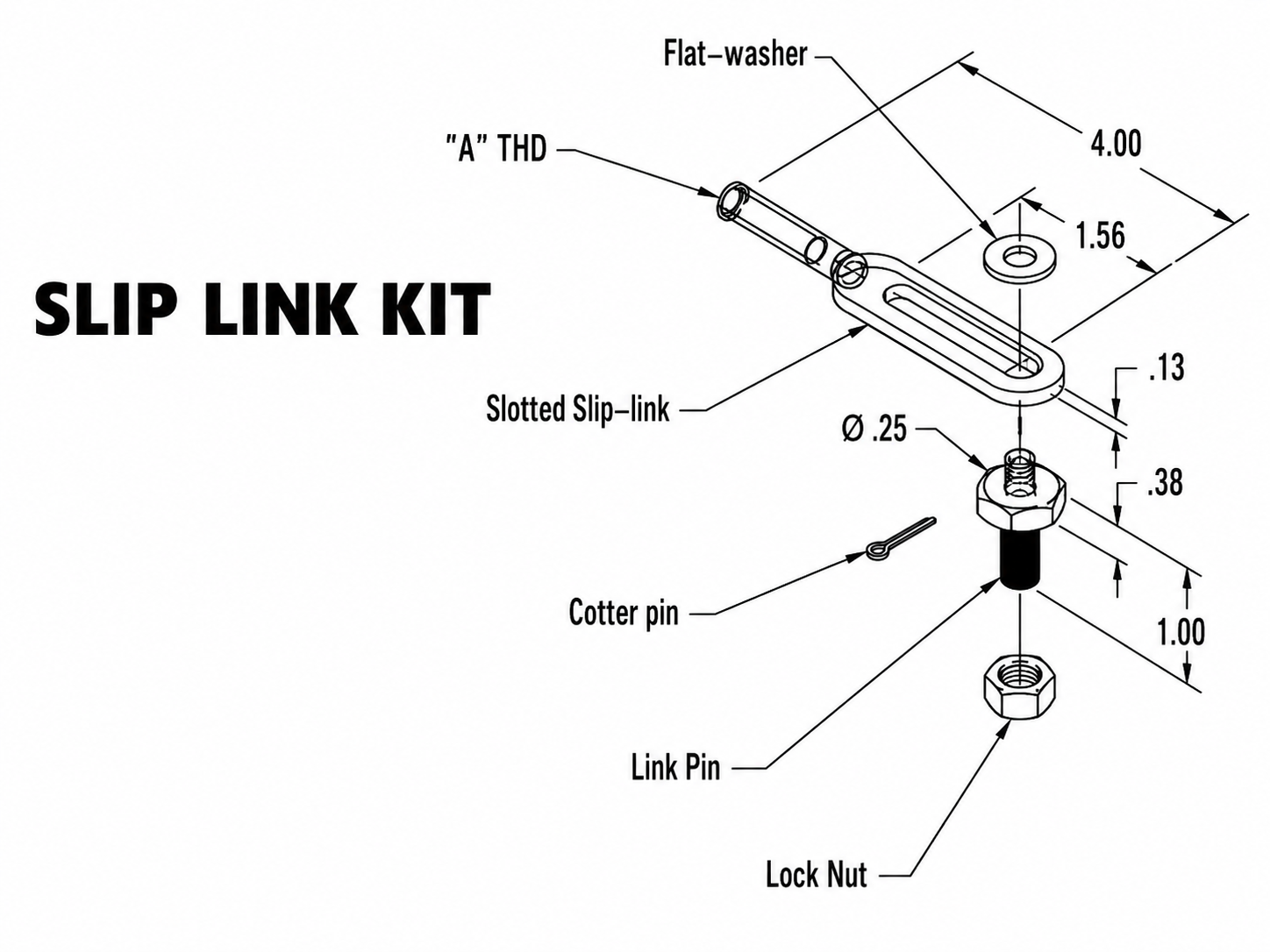Slip link kit technical drawing with slotted slip-link, washer, cotter pin, link pin, lock nut, and A thread labeled.
