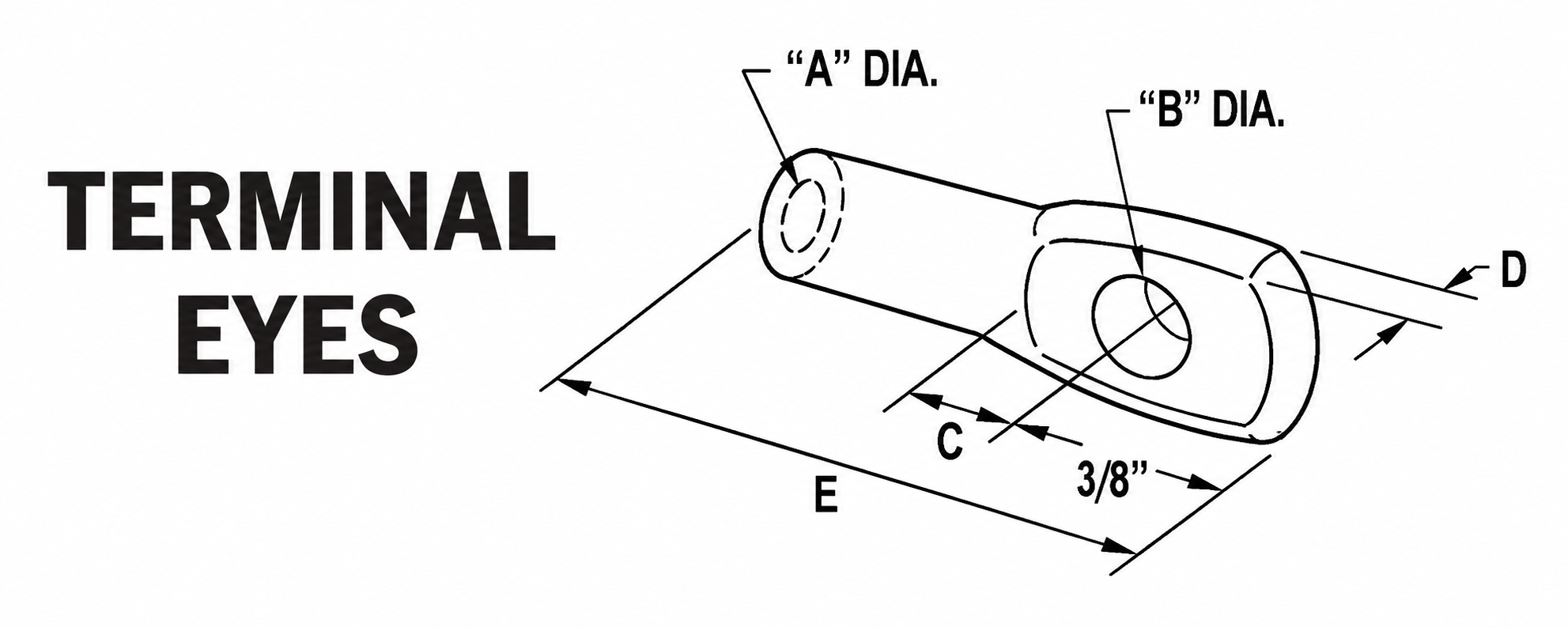 Terminal eye technical drawing with A, B, C, D, and E dimensions labeled.