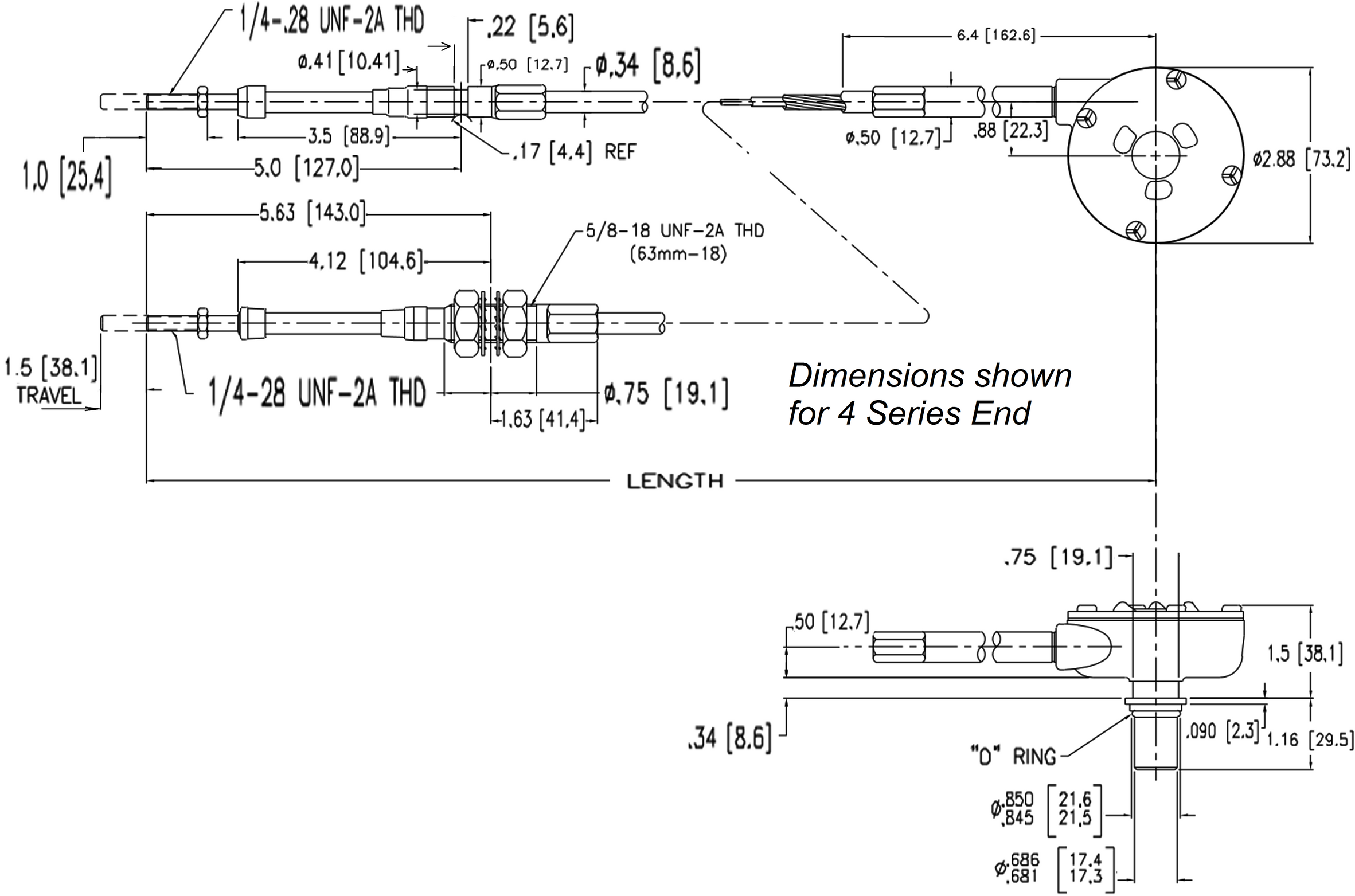 Technical dimension drawing for modulator cable controls.