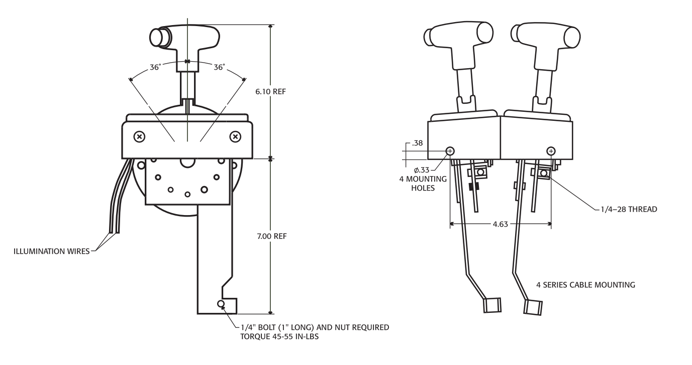 Mounting and cable reference dimensions for NG dump body control.