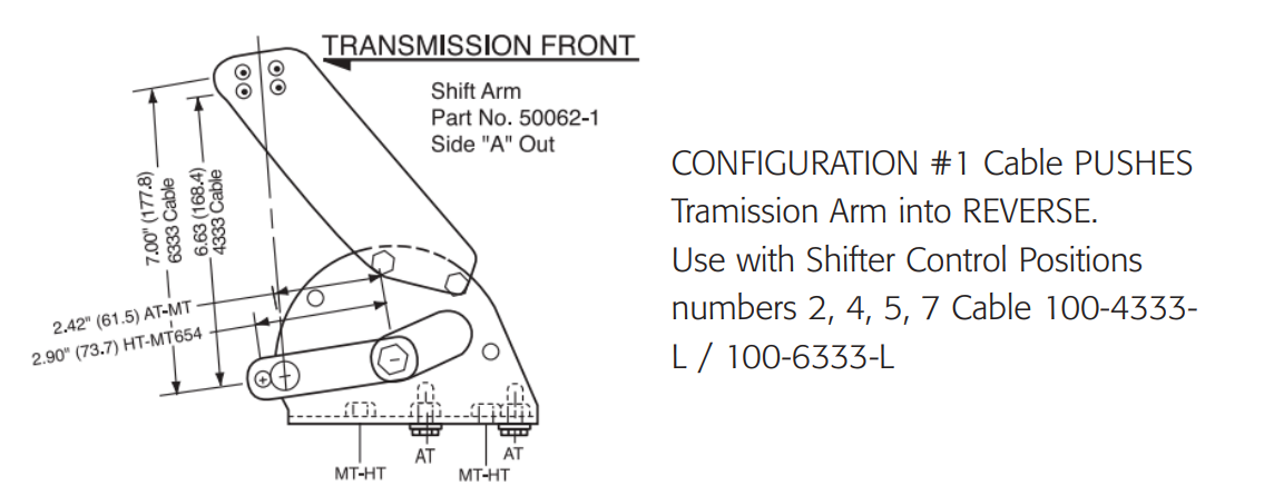 Legacy Allison transmission connection kit configuration 1 showing cable pushing transmission arm into reverse.