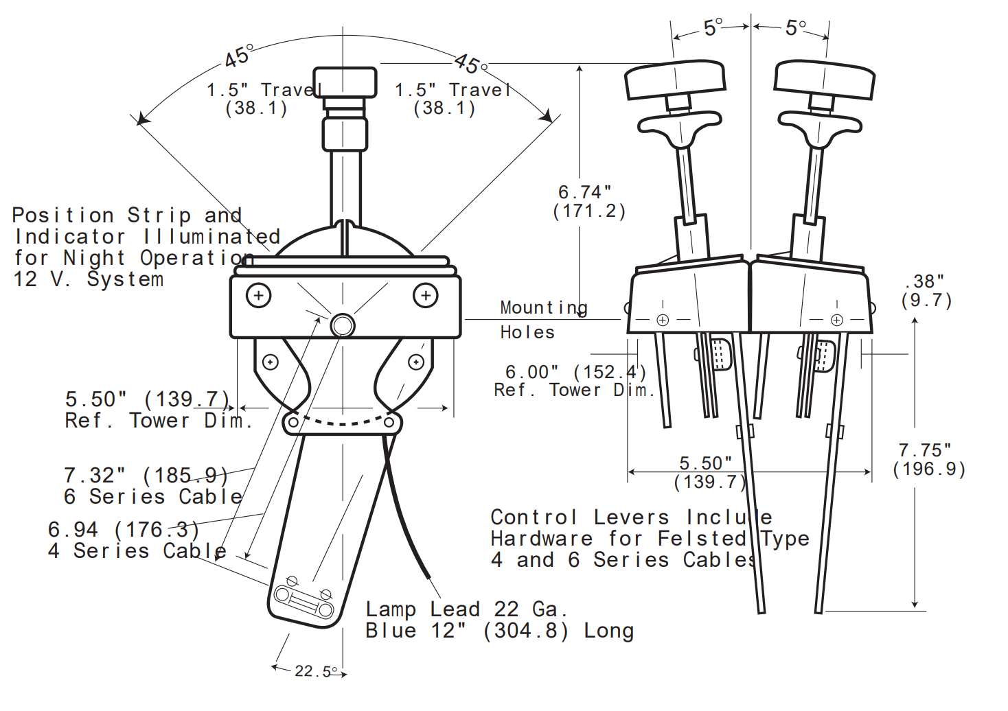 Lever travel, illumination, and cable mounting dimensions for T-handle dump body control.