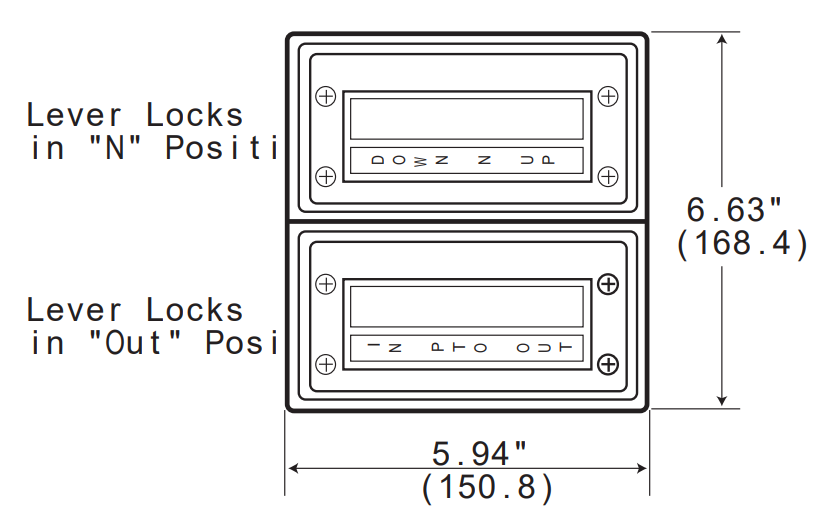 Top view dimensions and lock positions for T-handle dump body control.