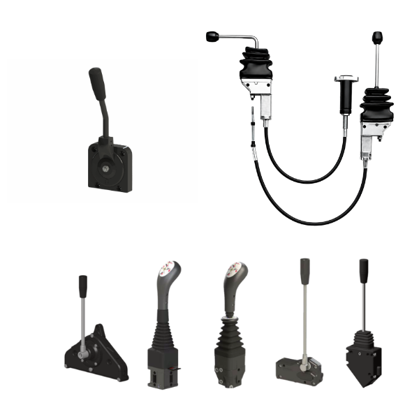 Collection of mechanical valve control levers and remote valve control assemblies.