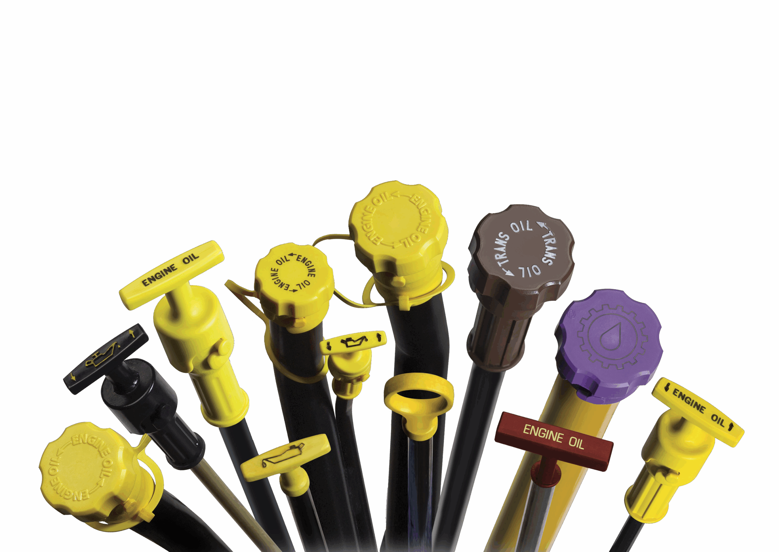 Assorted fluid level indicators with colored oil and transmission fluid handles.